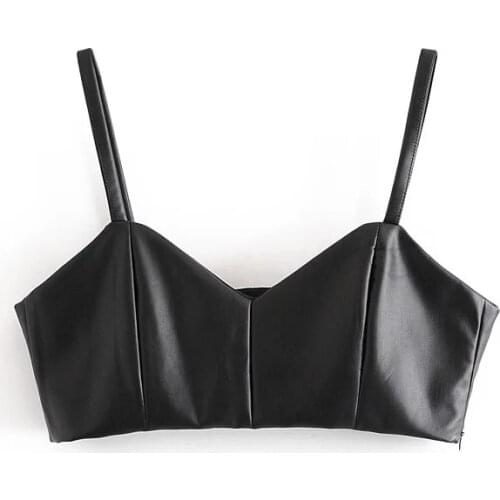 Sexy Lady Faux Leather Za Black Short Tops 2020 Fashion Women Elastic Bust Tank Tops Elegant Girls Pu Short Vest Chic