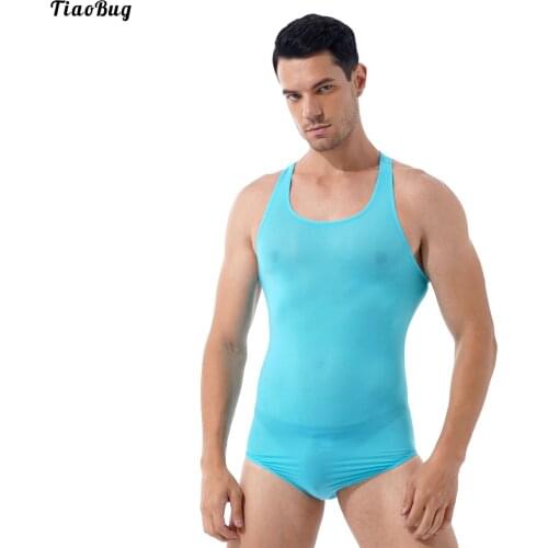 TiaoBug Men Solid Color Round Neck Sleeveless Bodysuit Wrestling Singlet Stretchy Leotard Swimsuit Swimwear