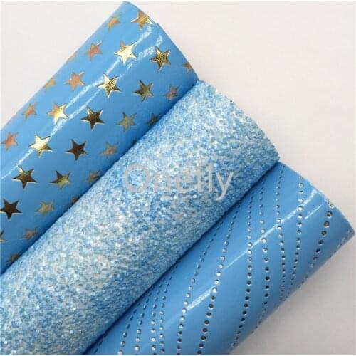 Onefly 21X29CM Blue Glitter Fabric, Stars Embossed Synthetic Leather Fabric Sheets For Bow DIY handbags shoes AQ080
