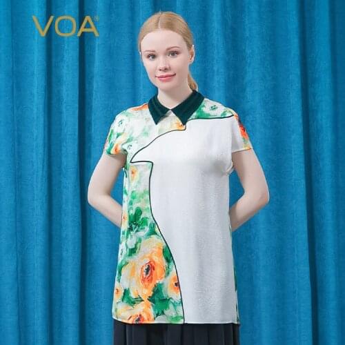 VOA Silk Jacquard Graphic Tee Polo Collar Short Sleeve Stitching Asymmetric Back Strap Hollow Dovetail Loose Women T-shirt BE651