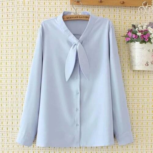 Plus size chiffon solid sky blue navy white bow women loose shirts 2021 spring autumn NEW ladies blouse female tops oversize