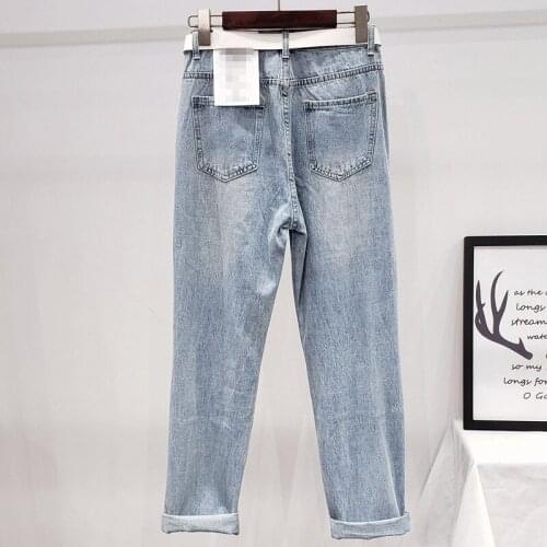 Women Letter Hole Ripped Straight Jeans Spring Summer New Hip Hop Denim Trousers Street Zipper Blue Casual Pants Female S-XL