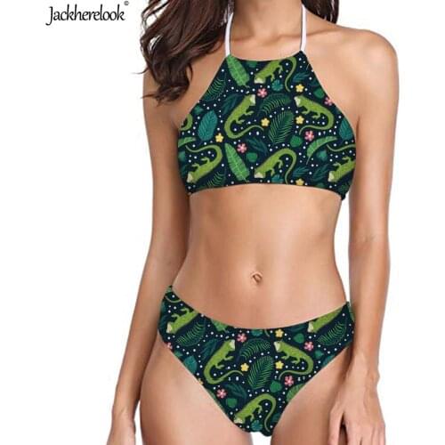 Jackherelook Iguana Party 3D Pattern Green Swimsuits Women Halter Bandage Swimwear Sexy Female Push Up Off Shoulder Bikinis Set