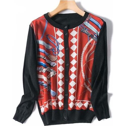 100%silk spliced wool tencel blend knit women fashion printed plaid oneck cardigan sweater outwears coat tees tops red M/L