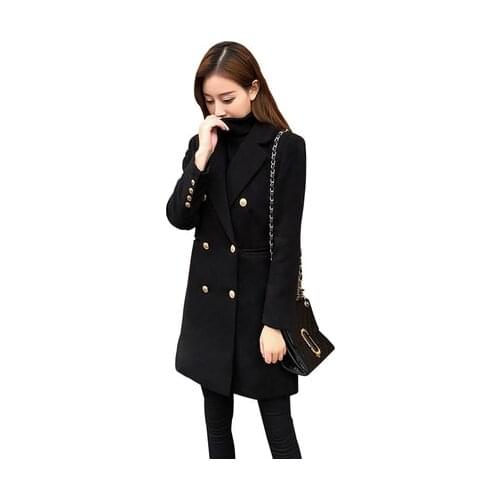 Womens black woolen coat in the long section of the winter new Hepburn wind thick double-breasted popular woolen coat