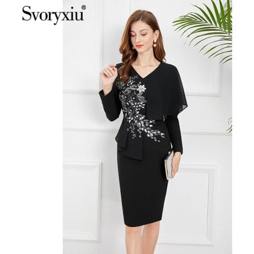 Svoryxiu Fashion Autumn Women Black Pink Knee-Length Dress V-Neck Solid Asymmetrical Ruffles Slim Sequins Beaded Diamond Dresses