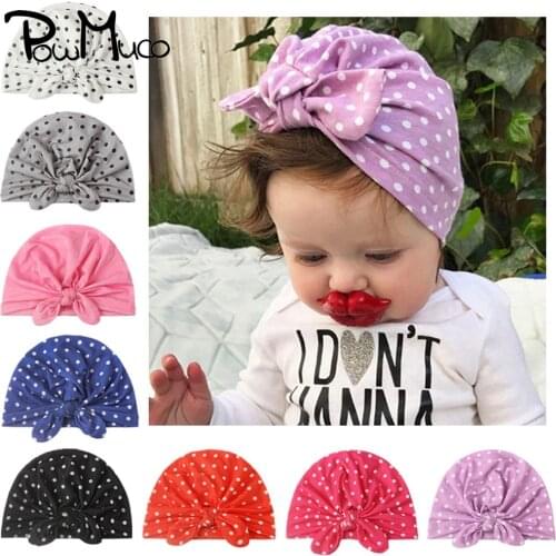 Powmuco 1 PCS Lovely Handmade Bunny Ears Baby Girls Turban Hat Fashion Dots Knotted Newborn Caps Children Headwear Holiday Gifts