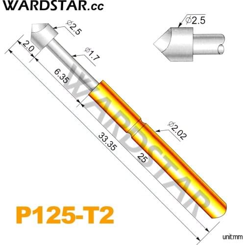 100pcs/lot P125-T2 Dia 2.5mm Spring Test Probes Pogo Pin Length 33.35mm (Stroke Spring Froce:180g)