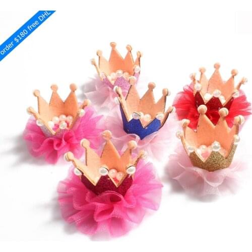 120pcs/lot 6colors Felt Flower Crown+Mesh Hair Clips For Kids Girls Hair Accessories Glitter Felt Crown For First Birthday Hat
