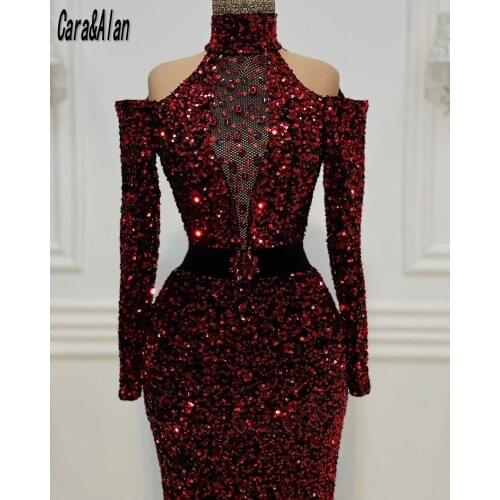2021 Burgundy Evening Dresses Long Sleeve Gitler Sequin Mermaid Prom Gowns for Women High Neck Party Dress abiti da cerimonia