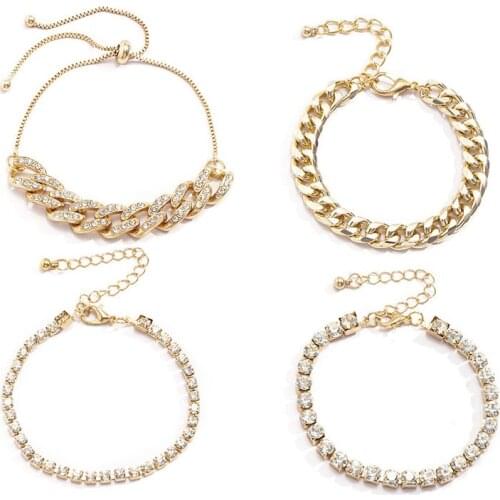 4 Pcs/set Women Trendy Shiny Rhinestone Bracelets Set Bangles Adjustable Crystal Chunky Link Charm Bracelet Hand Jewelry Gifts