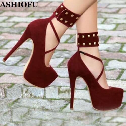 ASHIOFU Classic Women High Heel Pumps Rivets Spikes Ankle Wrap Party Dress Shoes Sexy Platform Night-club Evening Fashion Shoes