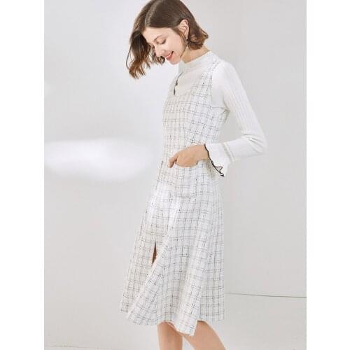 White plaid tweed dress sleeveless 2020 spring / autumn womens dress tassel ladies slim bottoming dress one-piece