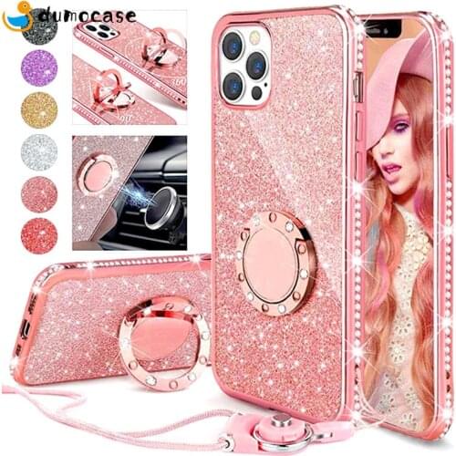Glitter Stand Case for iPhone 11 12 Pro MAX XS XR 6 7 8 Plus Shiny Bling Phone Cover Vehicle Magnetic Plating Stand Holder Coque