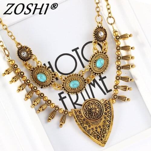 Gypsy Ethnic Jewelry Antient Gold Steampunk Metal Spike Tassels Vintage Carved Triangle Pendant Choker Necklace for women