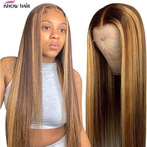 Ishow Highlight Wig Human Hair Brown Highlight Lace Front Wig Pre Plucked 28 30 Inches Bone Straight 4X4 Lace Closure Long Wig