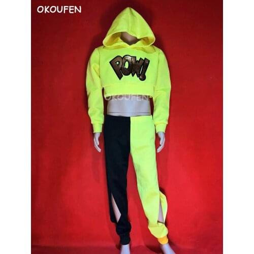 Personality Fashion Fluorescent yellow hip hop tides jazz dance costume male singer dance team letter print ds suit costume