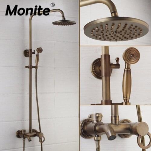 Monite New 8 Inch Rainfall Shower Head Antique Brass Wall Mounted Bathroom 3 Functions Hand Shower Sprayer Mixer Tap Faucet Set