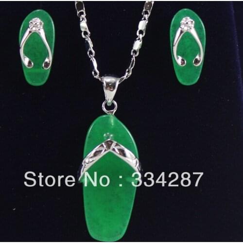 New Listed ! slippers-shaped Dark Green Jades Earring Pendant Chain Jewelry Set
