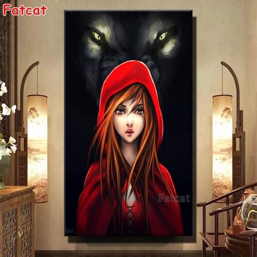 Darkness Red Girl Abd Wolf diamond painting Full Square Round drill 5d diamond embroidery portrait 3d cross stitch,Gift PP2206