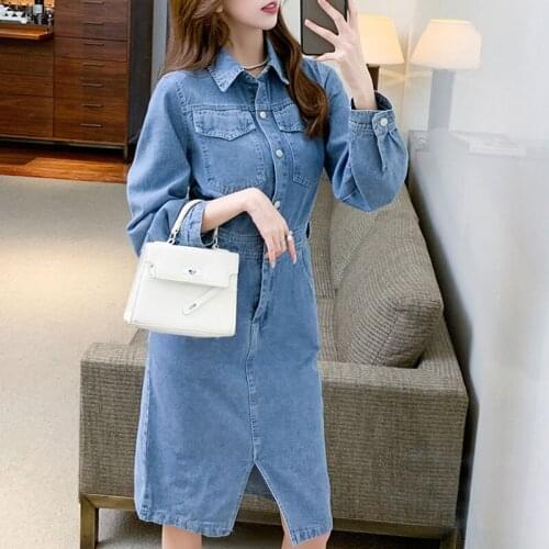 Spot Chinese autumn new temperament fashion single breasted loose show thin long sleeve waist slit denim dress