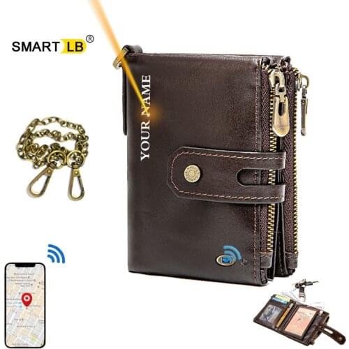Smart Wallet GPS Record Bluetooth Tracker Genuine Leather Coin Chain Zipper Wallet for man Card holder Free Engraving