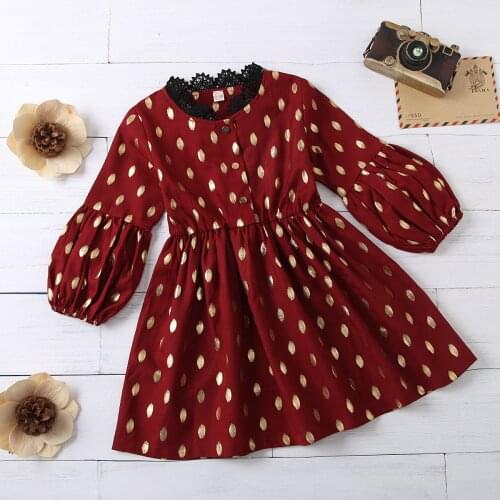 Spring Autumn Kids Clothes For Girls Puff Long Sleeve Children Clothing Chiffon Polka Dot Princess Party Red Dress