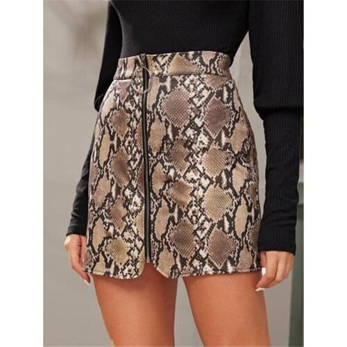 Women Fashion High Waist Skirt Sexy Zip Faux Leather Short Pencil Bodycon Skirt New Women Sexy Zipper Front Snakeskin Mini Skirt