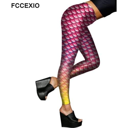 FCCEXIO Womens 2019 New Shiny Mermaid Fish Scale Printed Leggings Stretch Double Brushed Comfy Smooth Seamless Fitness Jeggings