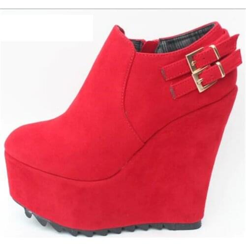 Crossdresser RED Round Toe Ankle Boots 15cm High-Heeled Wedges platform party shoes woman Buckle wedding pumps zapatos de mujer