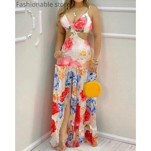 Women Elegant Floral Print Deep V Neck Spaghetti Strap Waist Cut Out Maxi Dress