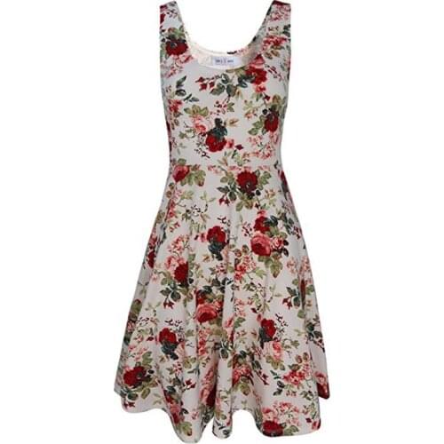 Women Summer Wine Vintage Floral Print O-neck Sleeveless Spaghetti Strap Casual A-line Beach Midi Dresses