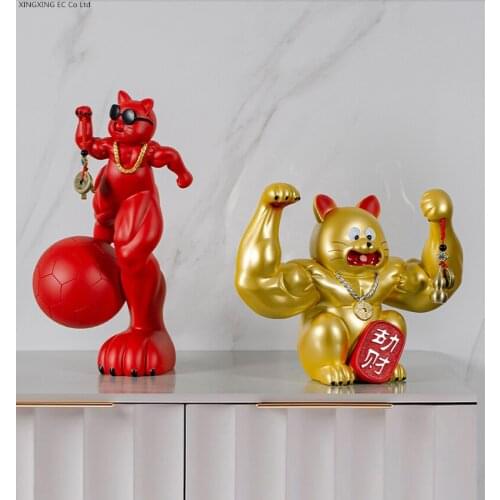 Golden Resin Decoration Vigorously Muscular Arm Lucky Cat Crafts Decoration Creative Vigorously Muscular Arm Lucky Cat Sculpture