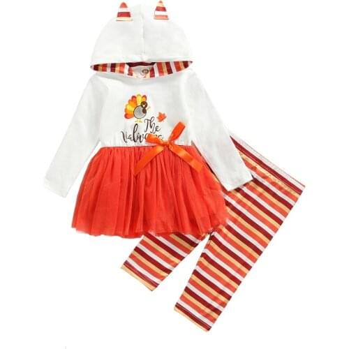 1-5Y Toddler Kids Baby Girl Long Sleeve Hooded Tutu Skirted Pullover Tops Striped Long Pant Legging 2PCS Thanksgiving Clothes
