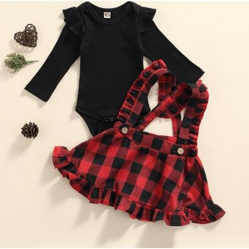 2Pcs Autumn Winter Christmas Party Baby Girls Clothes Ruffle Long Sleeve Rib Knit Bodysuits+Plaid Suspender Skirt Clothing Set