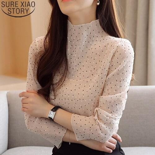 2021 Autumn Turtleneck Woman Shirts Polka Dot Blouses Slim Fit Korean Tops Chiffon Blouse Blusas Office Lady Clothing 10790