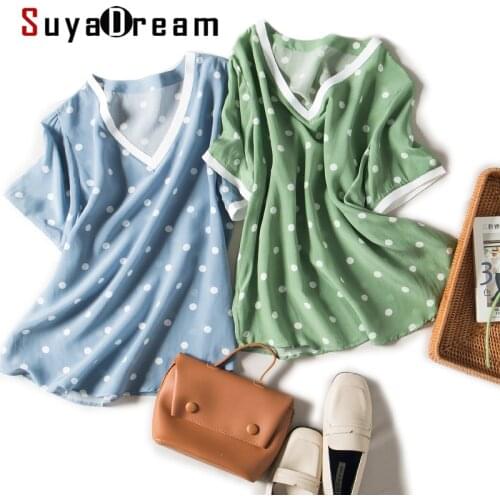 SuyaDream Women Dots T shirt 100% REAL SILK CREPE Print Short Sleeved V neck Casual Shirts 2020 Summer Top