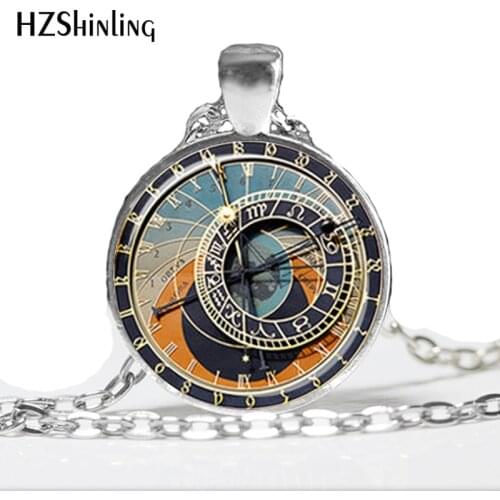HZ--A85 Glass Photo Jewelry Pendant Astronomical Clock Gray Light Blue Peach Cream Zodiac Signs Astronomy Clock Necklace HZ1