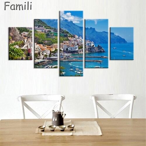 5 Pieces Modern Canvas Painting Wall Art Traditional Port Mediterranean Sea Cinque Terre Italy Coast Landscape Print On Canvas