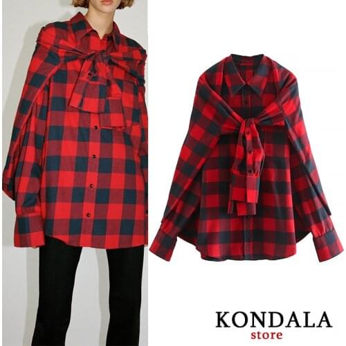 KONDALA Womens Shirt Za Red Plaid Print Streetwear Oversized Shirts Long Sleeve Turn-Down Collar Plus Size Blouse Mujer Tops