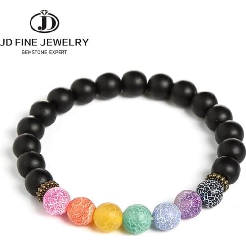 JD Colorful Weathered Agate Rock 8mm Beads 7 Chakra Healing Balance Bracelet for Men Women Reiki Prayer Stone Yoga Chakra