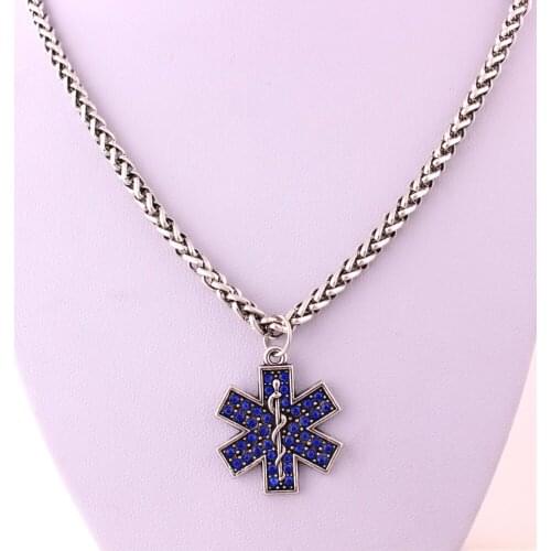 New Arrival Antique Sliver Plated EMT EMERGENCY MEDICAL TECHNICIAN blue enamel jewellery charm necklace link chain