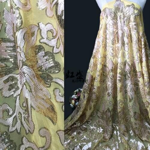 Perspective apricot golden flower sequins embroidered mesh fabric for formal dress diy sewing Sequin lace materials Width130cm