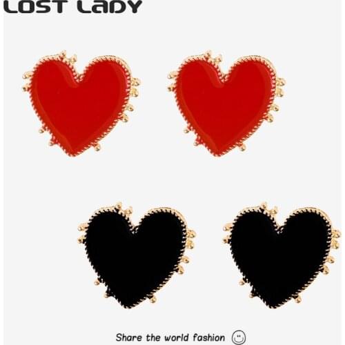 Lost Lady Trendy Simple Heart Stud Earrings Black Red Color Love Earrings for Women Couple Gifts Romantic Jewelry Accessories