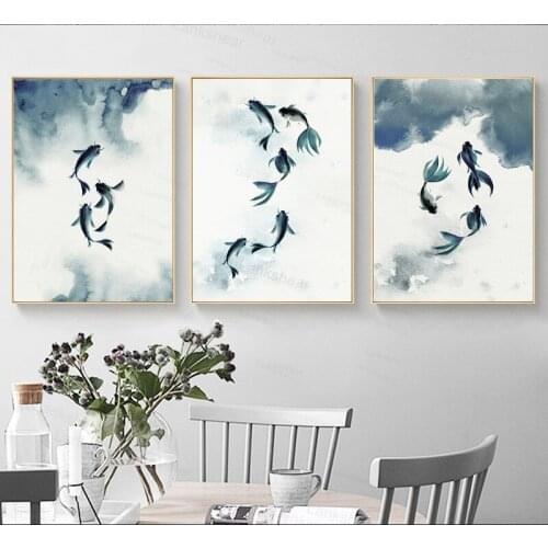 Blue Fish Ink Chinese Posters Prints Canvas Paintings Wall Art for Living Room Decor for Bedroom Bathroom Aesthetic Artwork