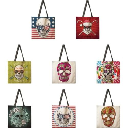 American skull tote bag linen fabric bag casual folding shopping bag outdoor beach bag everyday handbag
