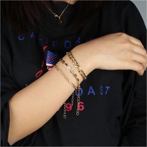 HaHaGirl Vintage Gold Color Chain Bracelets For Women 3pcs Punk Chain Bracelets Set Charm Bracelets Bangles Fashion Jewelry