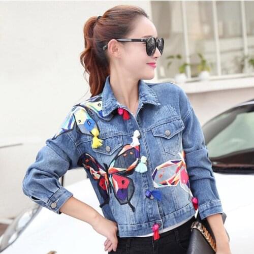 Good Quality 2020 Autumn Women Denim Jacket Butterfly Embroidery Patch Designs Tassel Button Long Sleeve Short Coats Outerwear