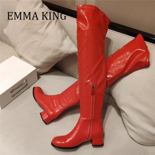 2021 Winter Women Over The Knee Knight Boots Shiny Patent Leather Chunky Heels Woman Boots Female Round Toe Long Botas De Mujer