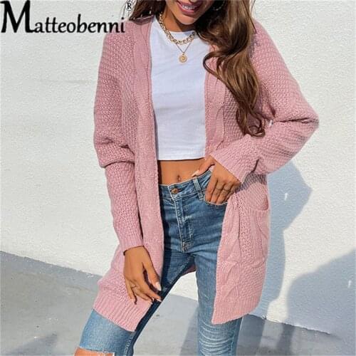 2021 Autumn Winter Ladies Cardigans Coat V-Neck Loose Solid Pockets Casual Mid Long Pullover Womens Open Stitch Knitting Sweater